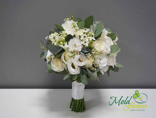 Bridal bouquet with white roses, eustoma, and eucalyptus + boutonniere photo